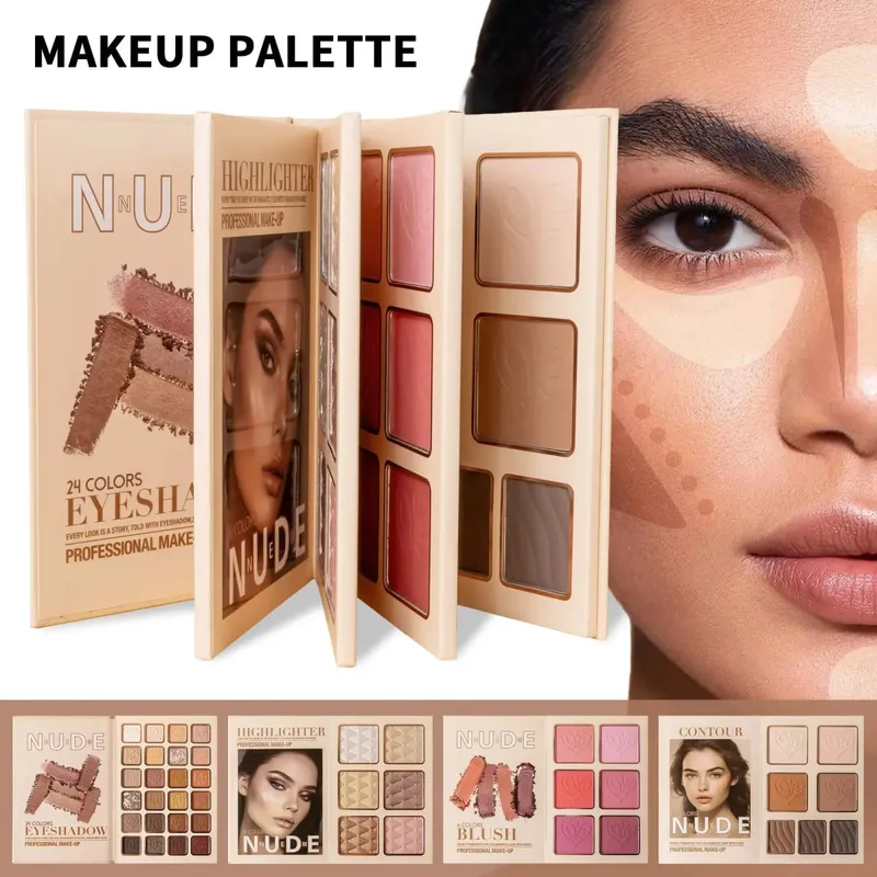 Kit de livro de maquiagem nude multifuncional multipáginas, sombra, blush, iluminador e paleta de pó para contorno