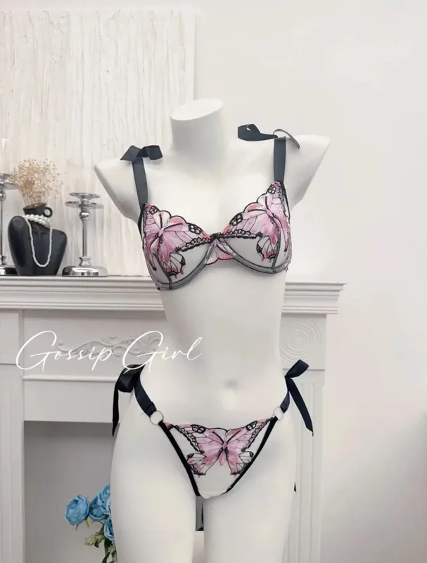 Reggente Pizzo Francese Farfalla Rete Trasparente Spalline Elastiche Senza Spugna Set Intimo S-XL Nuovo Morbido