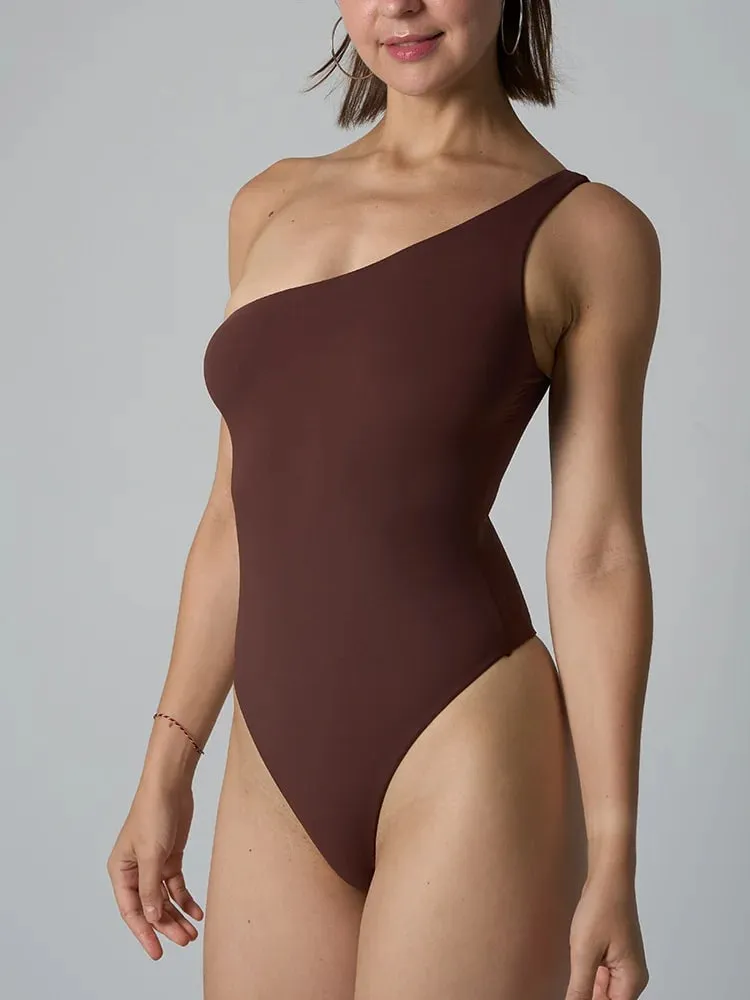 Macacão de ombro diagonal feminino sólido alta elasticidade fina shapewear bodysuit moda feminina streetwear magro esportes roupa interior