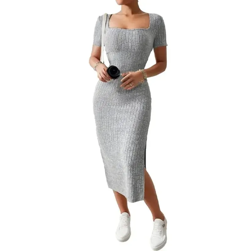 Verão pescoço quadrado hip-abraçando saia de comprimento médio de manga curta versátil vestido de malha com fenda