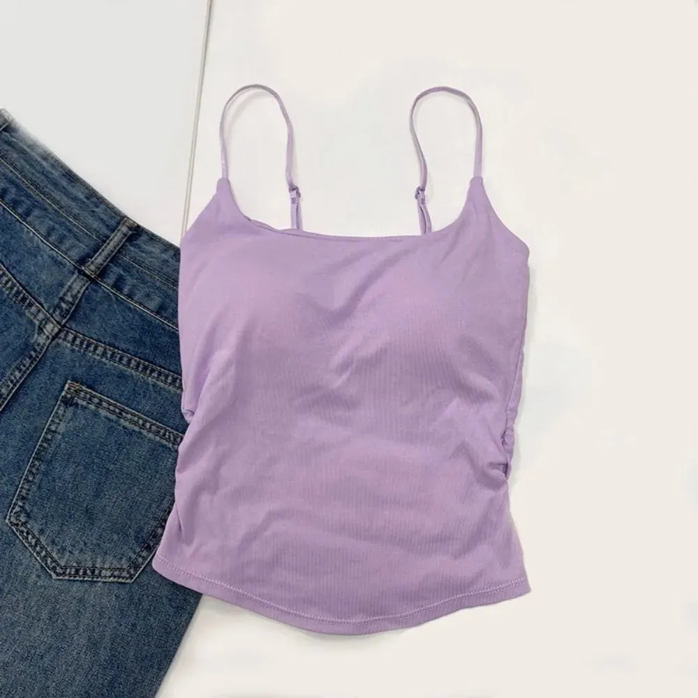 Simples sem mangas suspender colete fino com copos acolchoados camisola roupa interior curto colete atividades esportivas