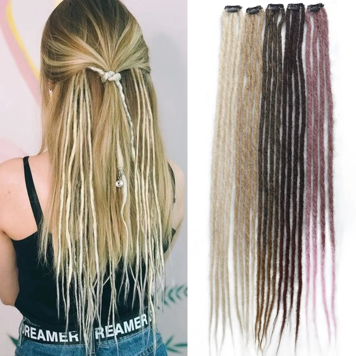 2Pcs Clip in Braid Hair Extensions Wig Synthetic Dreadlock Hair Pieces Bohemian Hair Accessories For Women Daily/Party Use