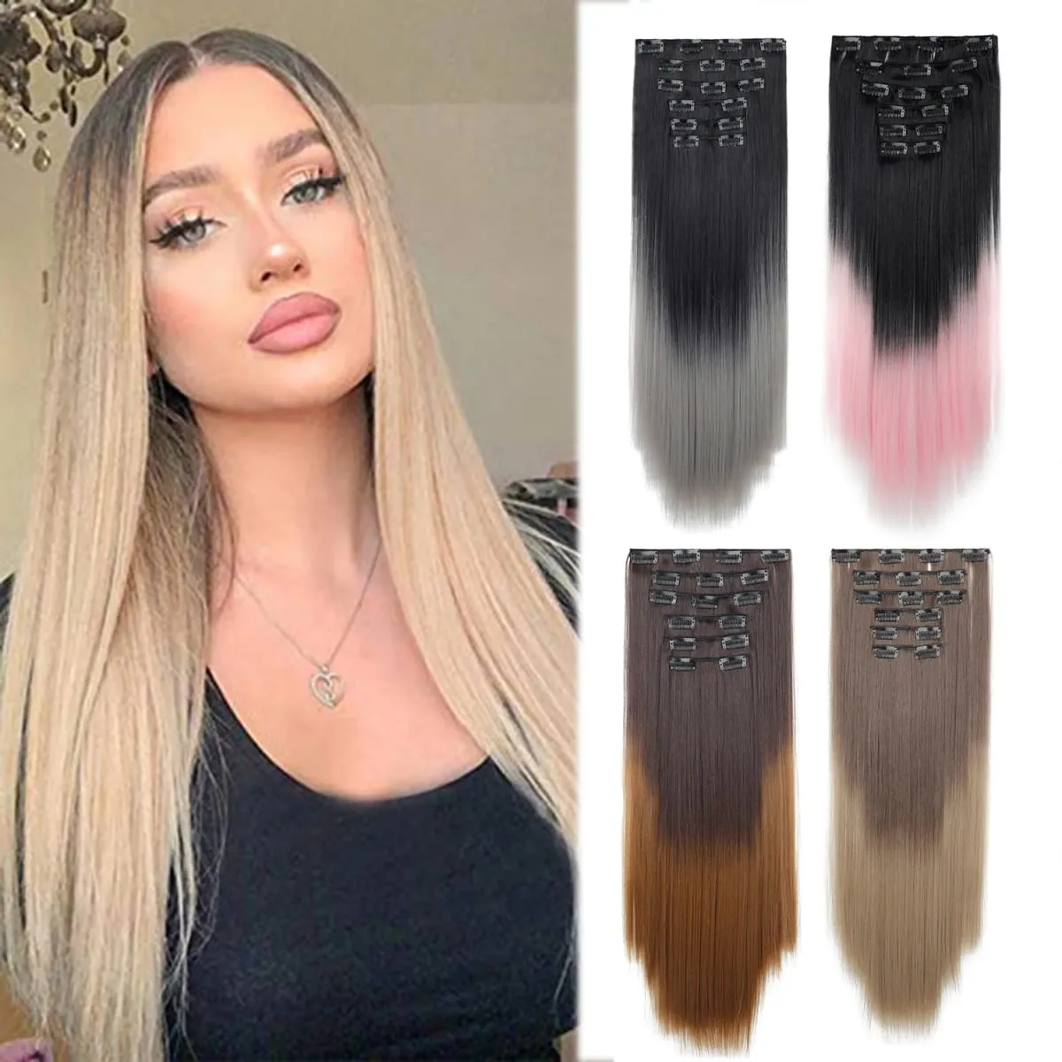 6PCS Set Clip In Hair Extensions 24Inch Long Straight Full Head Synthetic Hair Ombre Gradient Color Daily Use for Women Ladies