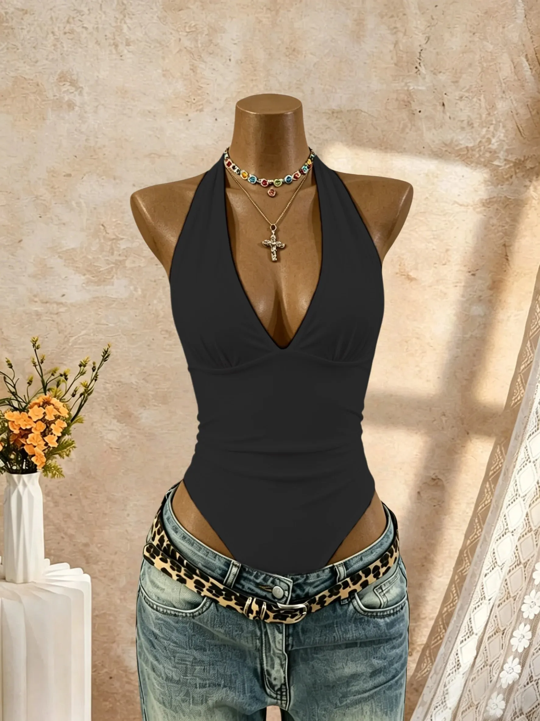Women Halter Deep V Neck Bodysuit Solid Color Sleeveless Ruched Front Slim Fit Basic Jumpsuit Tank Top — image 3