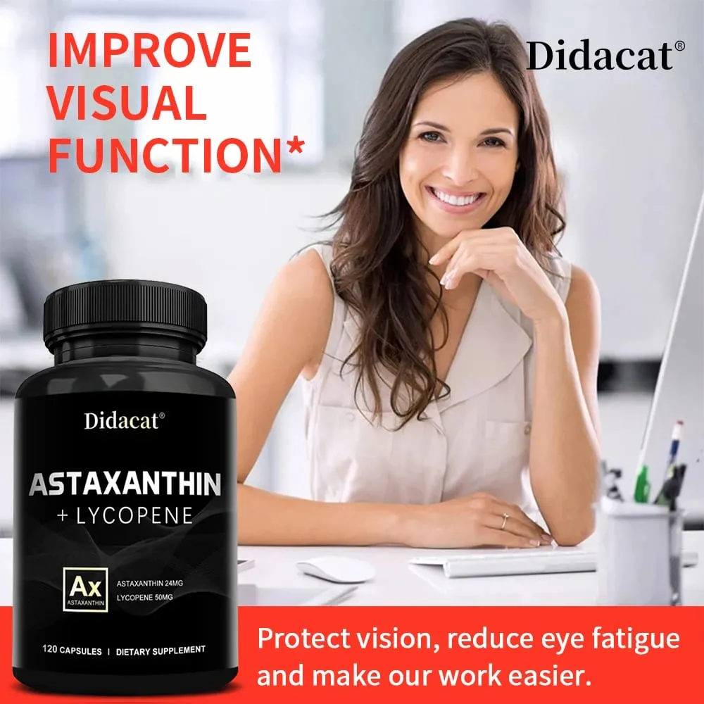 Astaxantina 24 mg + licopeno 50 mg antioxidante natural de microalgas suplemento de astaxantina apoia a saúde da pele dos olhos não-OGM