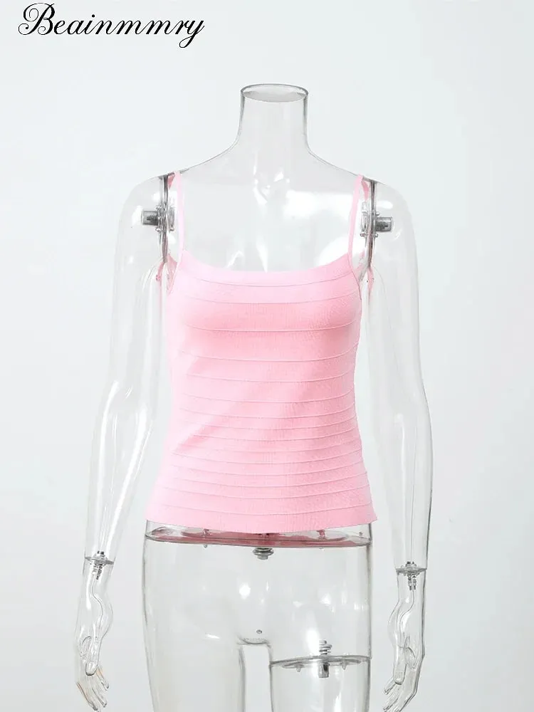 Feminino sexy sólido bandagem topo quadrado pescoço listrado cinta de espaguete espartilho sem mangas bodycon 2026 verão senhora festa moda colete