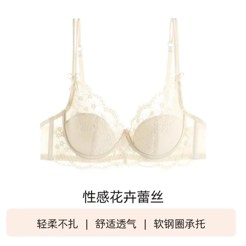 女用蕾絲全罩杯最小胸罩套裝薄款聚攏防下垂舒適內衣內衣適合大胸柔軟日常內衣