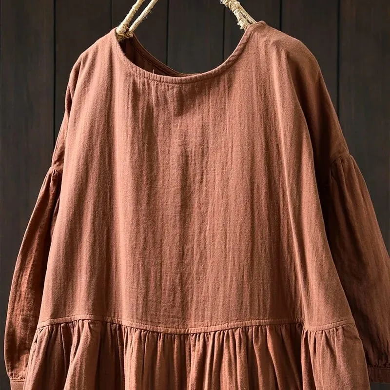 Johnature vestidos femininos de algodão vintage, gola redonda, meia manga, macio, cor sólida, roupões, verão 2025, novo, casual, linha a, vestido feminino — image 6