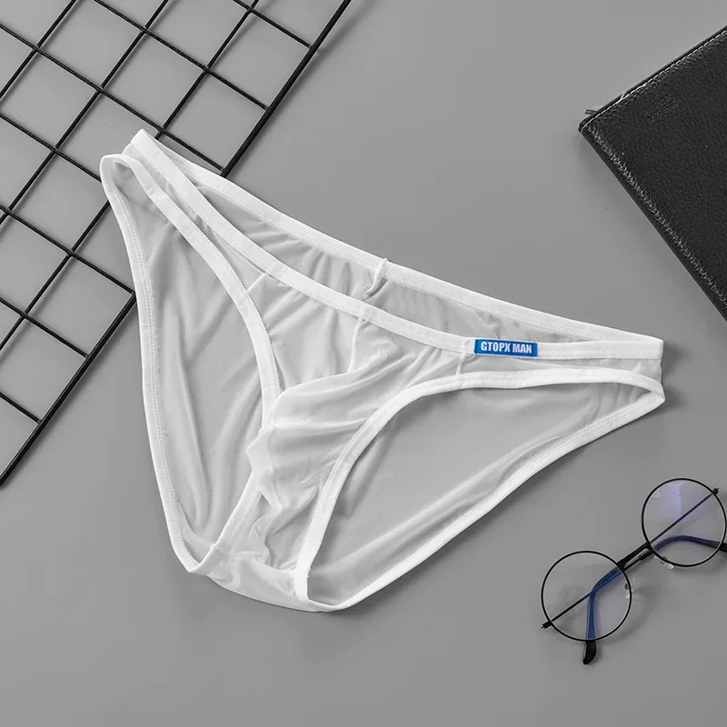Cueca masculina sexy fina de seda gelo translúcida cuecas u bolsa ropa interior hombre calcinha masculina
