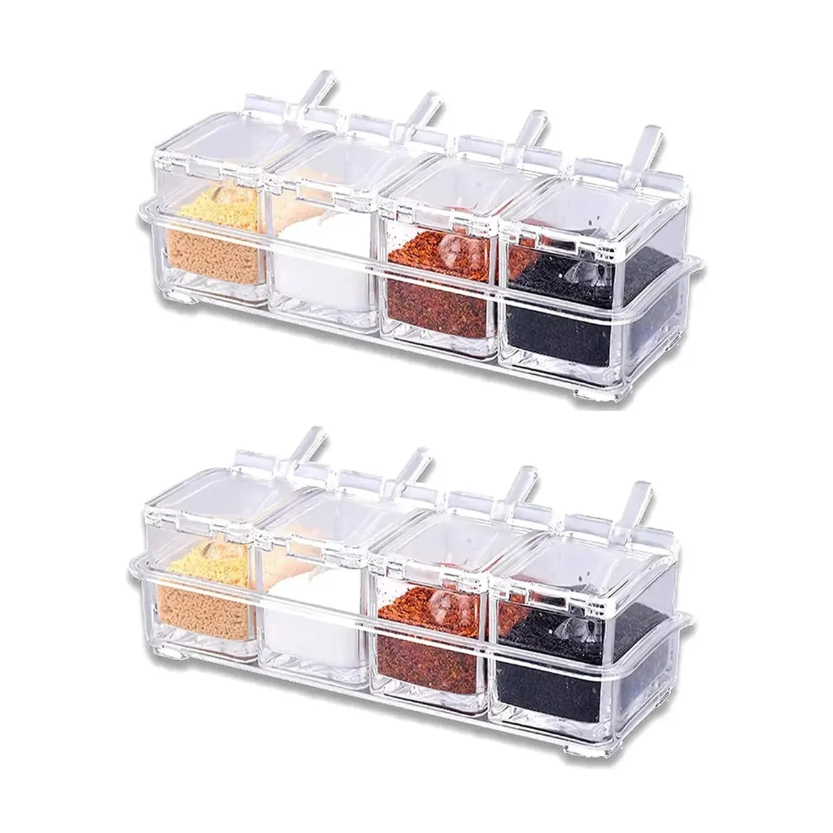 Acessórios de cozinha gourmet caixa de tempero acrílico com 4 colheres de servir conjunto frasco de especiarias condimento garrafa cruet suprimentos de cozinha