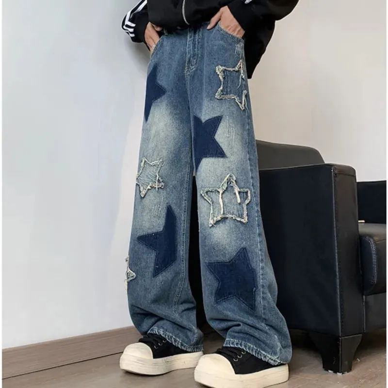牛仔褲男直筒星星刺繡拼裝秋季牛仔褲Uomo闊腿嘻哈時尚青年中性街頭牛仔長褲