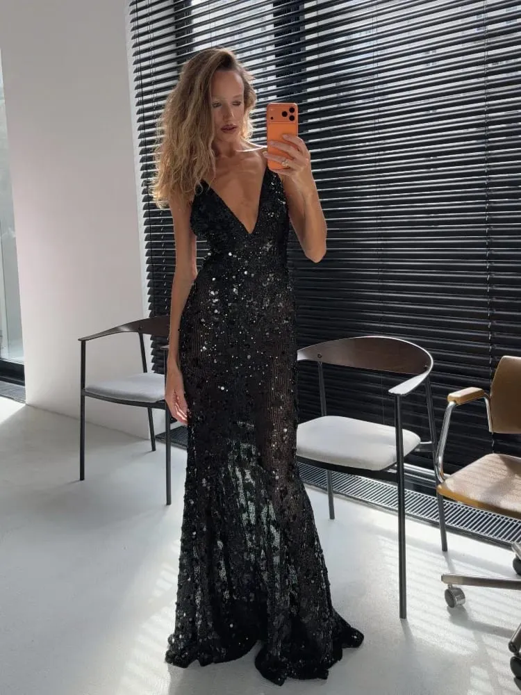 Mulheres elegantes lantejoulas sereia maxi vestido elegante cinta de espaguete decote em v profundo bodycon vestido fino senhora festa à noite vestidos longos — image 2