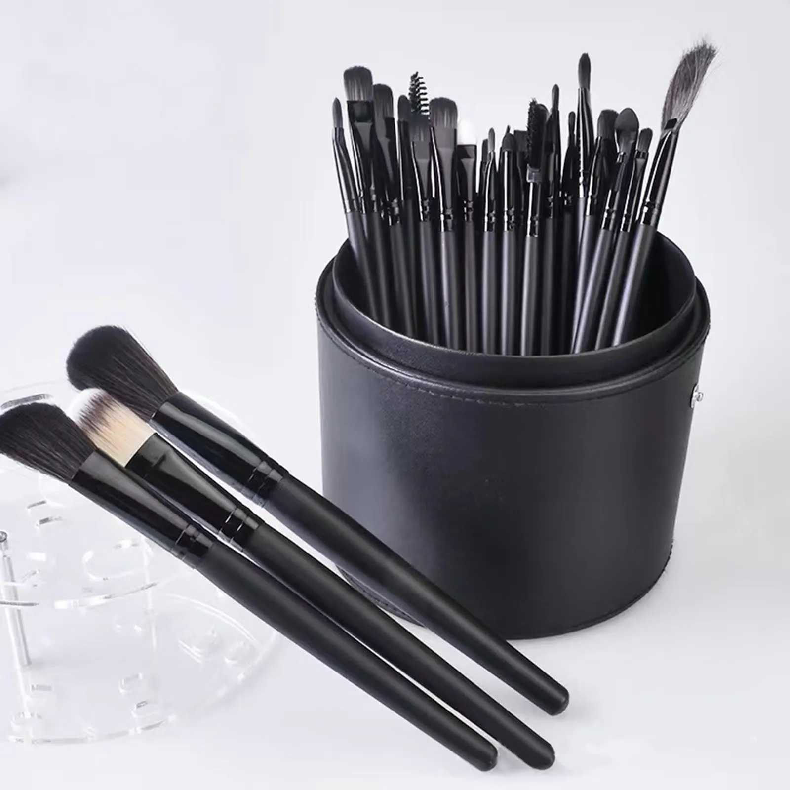 Suporte de armazenamento de pincéis de maquiagem, pu, grande capacidade, cilíndrico, sobrancelha, lápis, escova, para bancada, mesa de casa, meninas