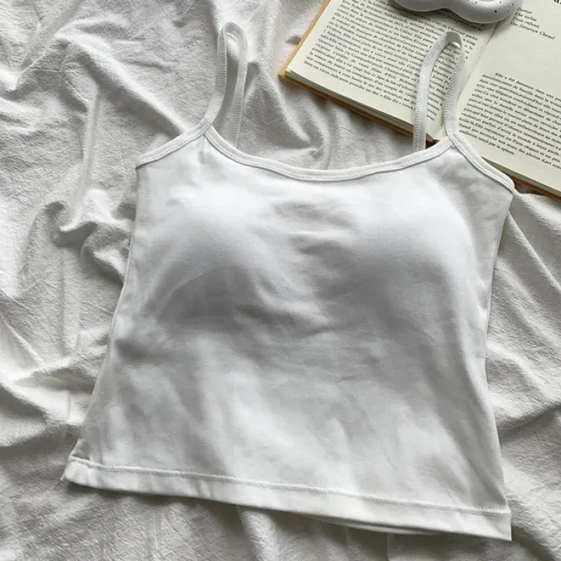Camisola fina sem mangas com alças de cor sólida feminina com almofada no peito confortável, top diário para viagem dentro do colete de algodão esportivo