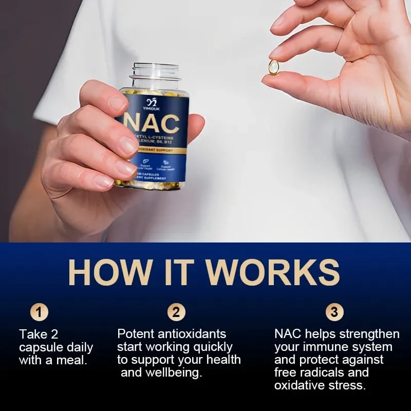 Cápsulas NAC puras com vitamina B12 apoiam a hidratação da pele, antioxidante, desintoxicação da saúde celular imunológica, homens e mulheres