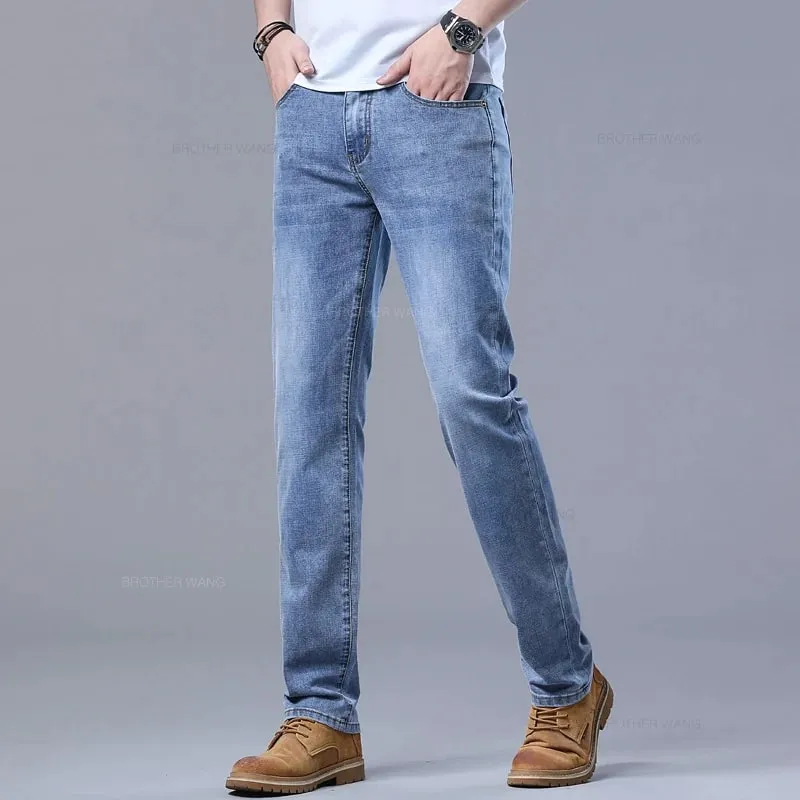 Primavera masculina luz azul magro jeans elegante casual estiramento tecido denim calças clássicas fumaça cinza