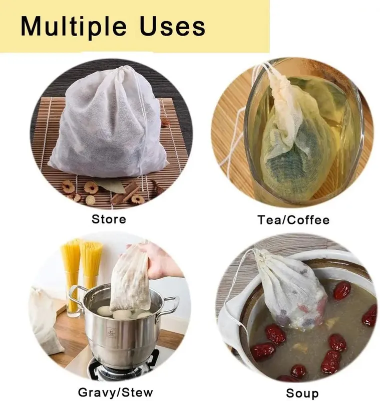 Sacos de algodão reutilizáveis, 5 peças, 20x25cm, cordão de musselina, gaze, especiarias, sopa, para cozinhar, caldo de osso, bolsa de fermentação