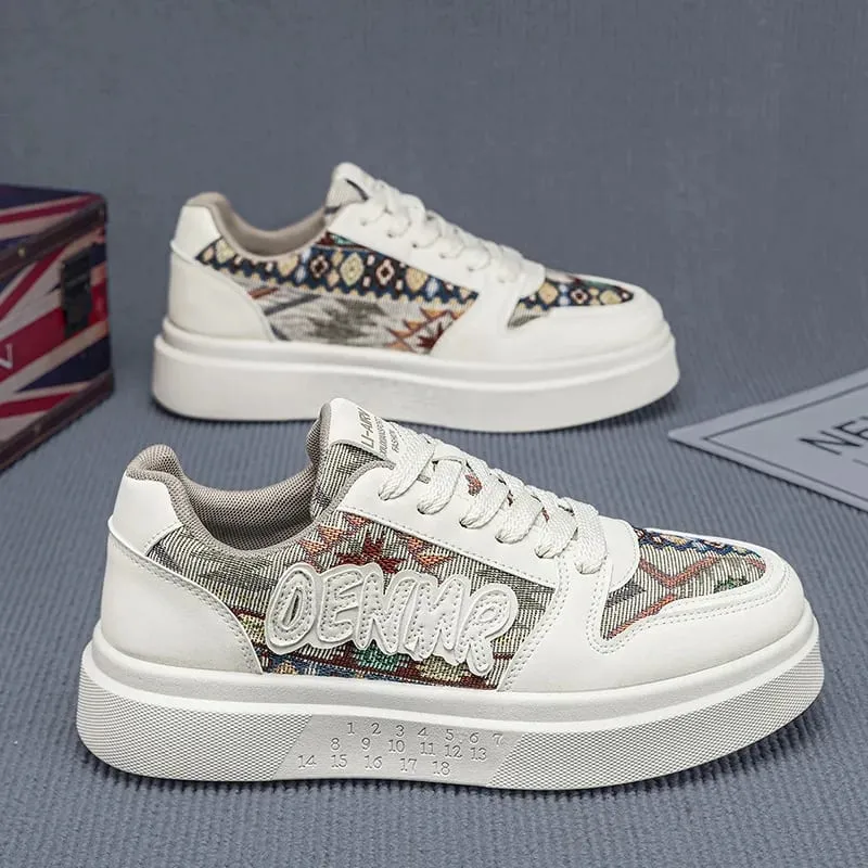 Homens primavera verão tênis plataforma sapatos de retalhos étnicos tecido casual skate rendas até calçados masculinos