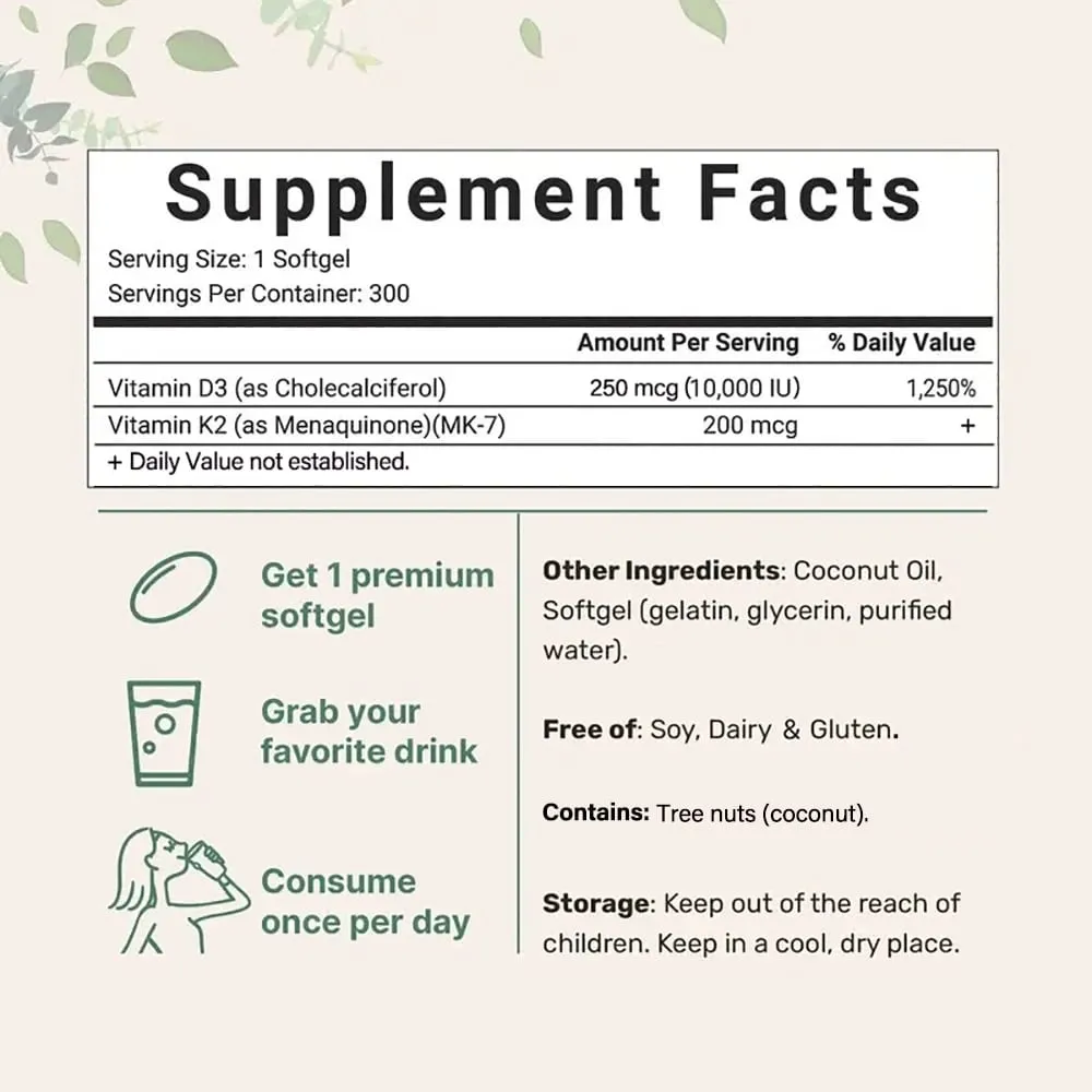 Vitamin D3 10 000iu + K2 MK7 200mcg Softgels | 2-in-1 Complex with Coconut Oil | Supports Heart Bone Teeth & Immune Health — image 6