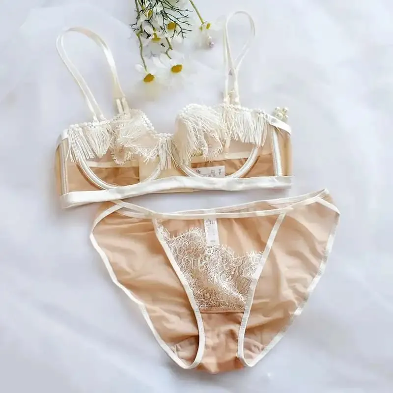 Light Luxury Sexy French Backless Bra Set - Sheer Mesh Minimizer Bralette Ultra-Thin Lace Lingerie Limited Stock Sale