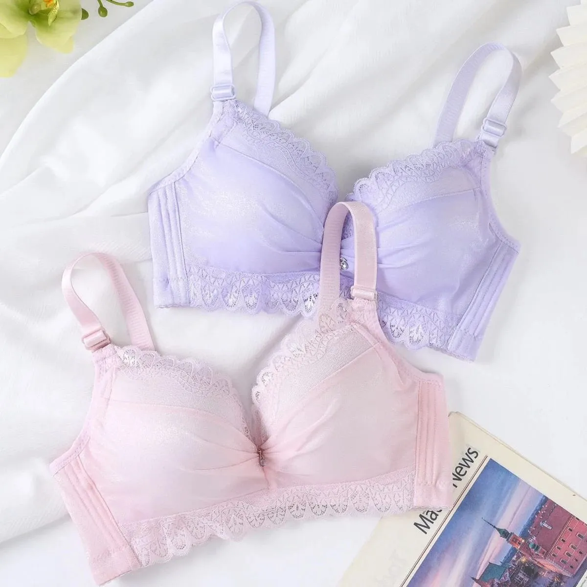 Sutiã push up ultra grosso de 8 cm, renda reunida sem fio, cobertura completa, lingerie, suporte lateral para copo A/B feminino