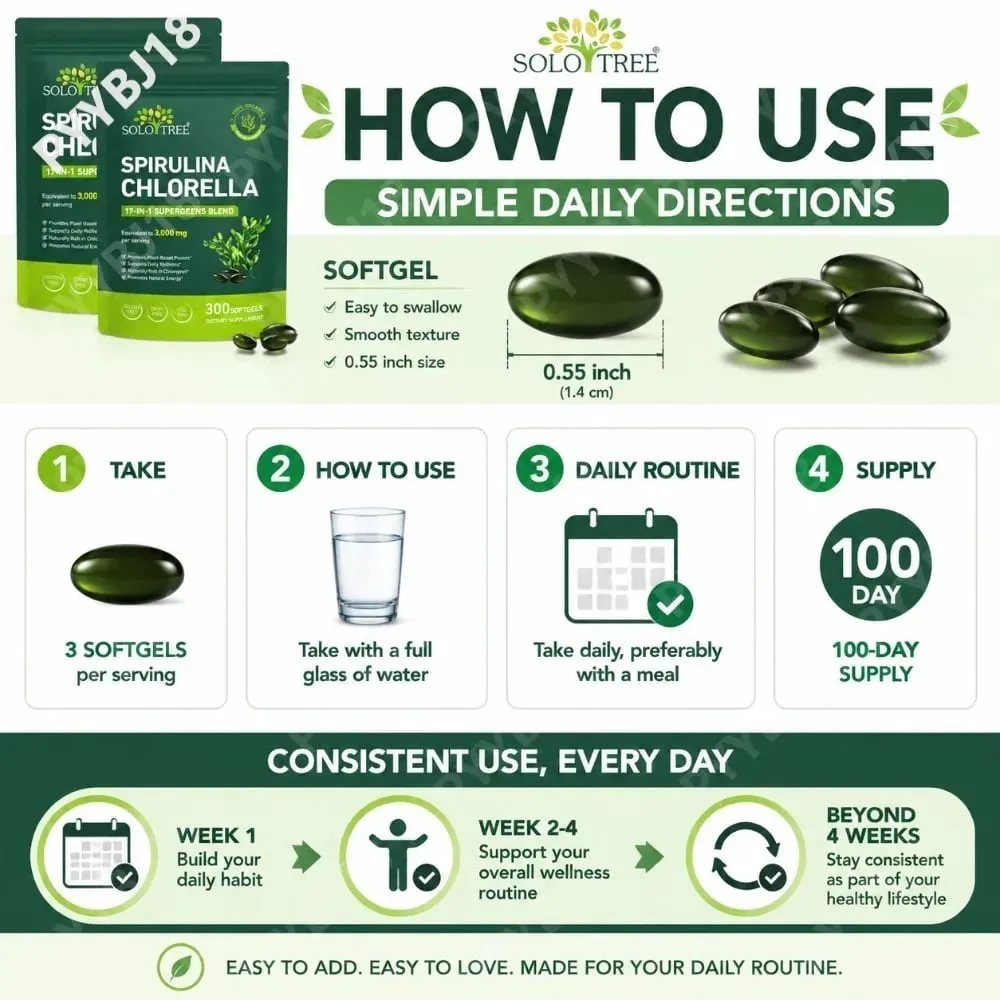 Solo Tree Spirulina Chlorella Softgels com Microalgas Orgânicas Vitamina B6 B12 Equilíbrio Digestivo e Suporte Imunológico 300 Softgels