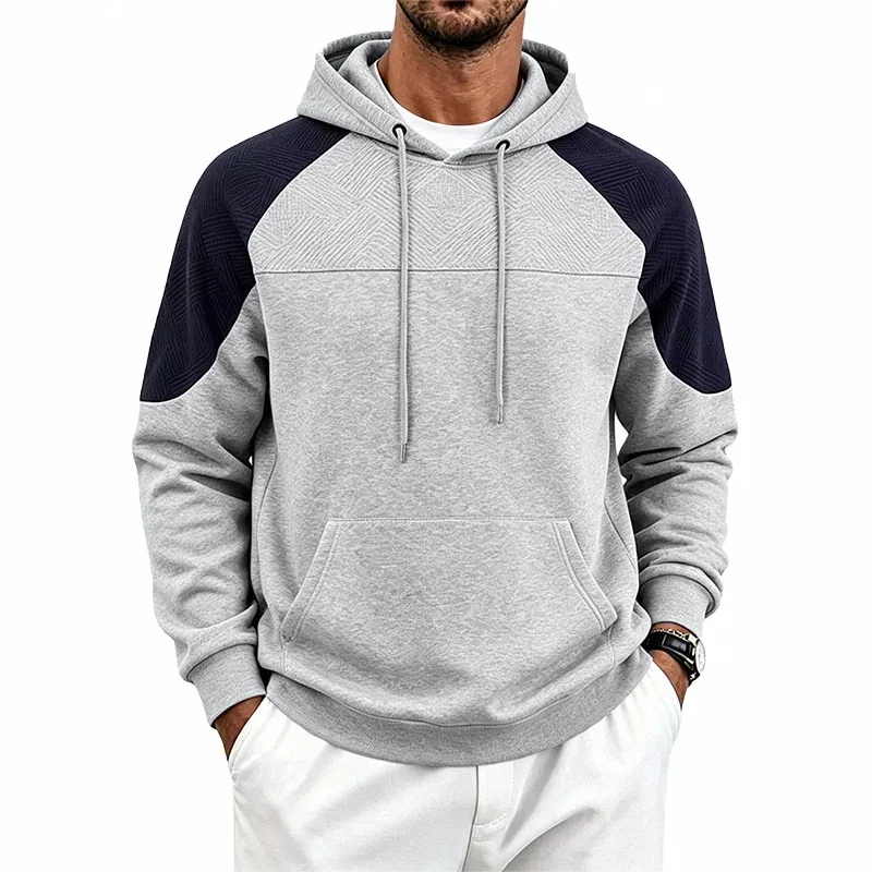 Autumn Winter Men Color Block Raglan Hoodie Textured Chest Panel Drawstring Kangaroo Pocket Loose Casual Streetwear Sweatshirt