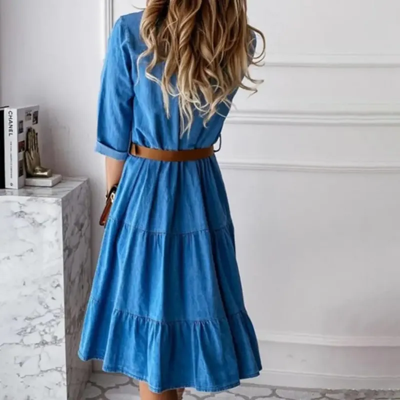 Vestido jeans manga três quartos com cinto gola virada para baixo primavera outono botões babados vestidos jeans para mulheres 2025
