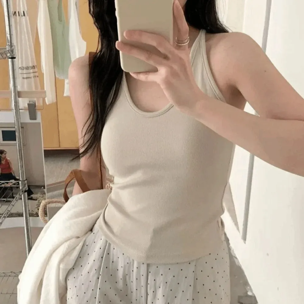 Estilo coreano com almofada no peito cinta colete u-pescoço cor sólida sem costas sem mangas superior emagrecimento feminino camis verão