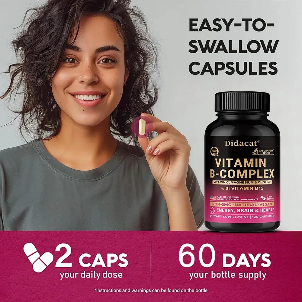 Complexo de Vitamina B com Vitamina C Colina e Inositol Suporta Metabolismo Energético Saúde Nervosa Cardio Bem-Estar e Defesa Imunológica