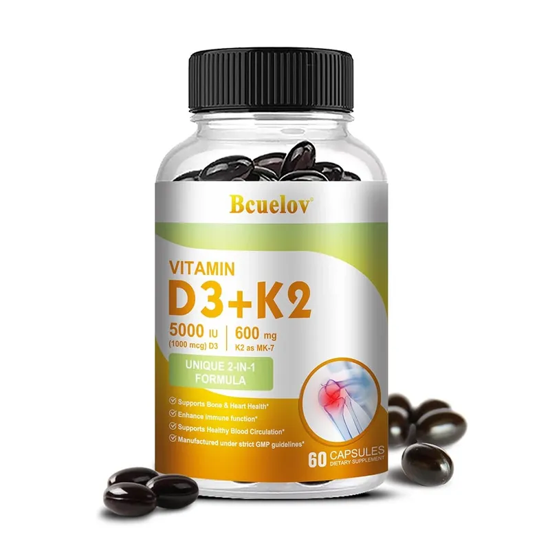 Bcuelov Vitamina D3 + K2 5000 UI Vitamina D3 fórmula não OGM fácil de engolir suplemento dietético complexo de vitamina D e K — image 8