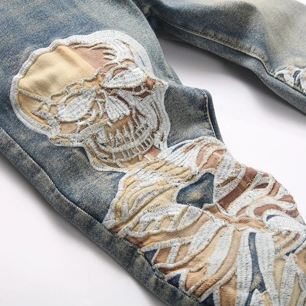 Men's Skull Boot Cut Denim Jeans Vintage Blue Devil Embroidery Stretch Pants Slim Flared Trousers