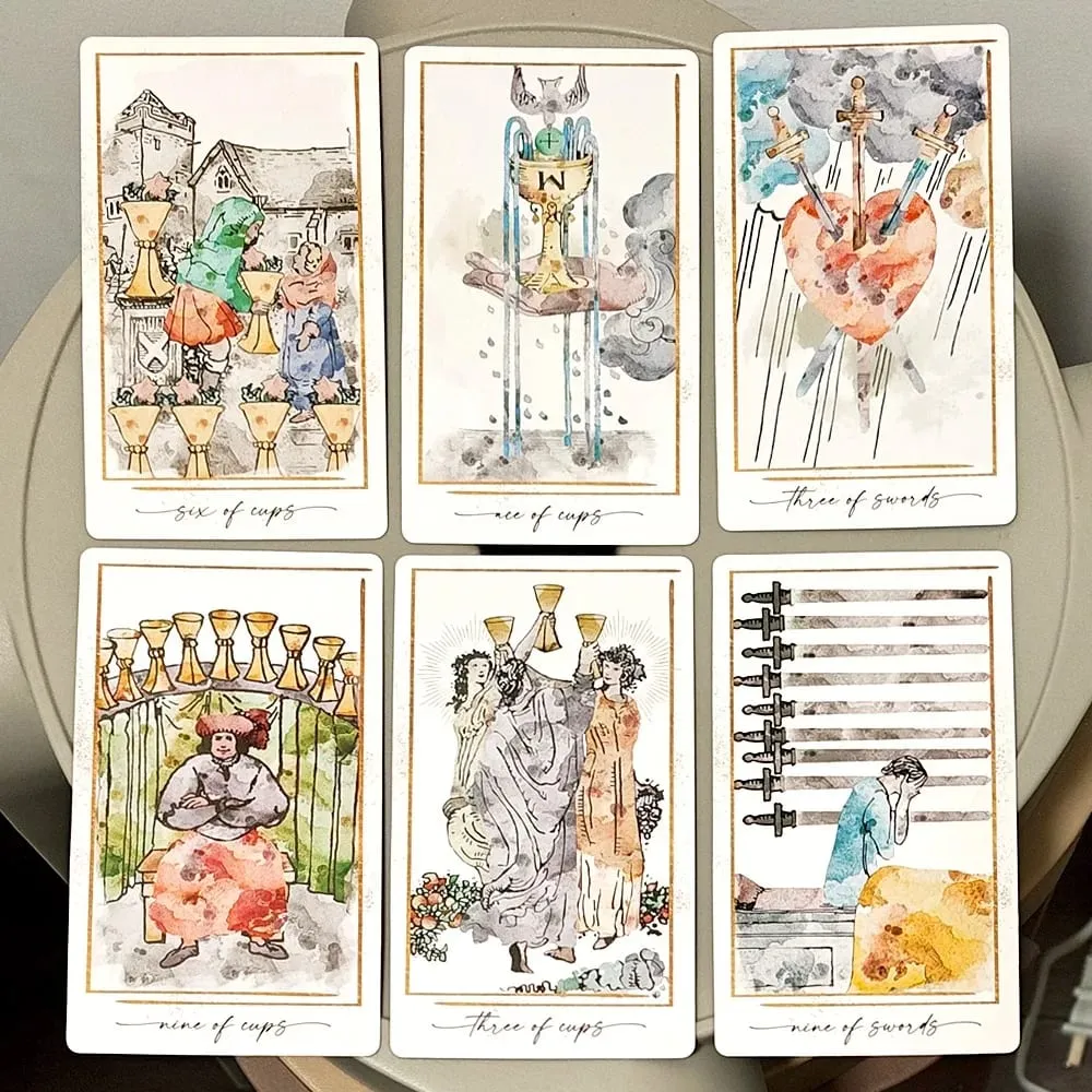 Baralho de tarô moderno Hue - 78 cartas de tarô em aquarela 12 * 7 cm com base em imagens RWS - cartas de adivinhação estética com relevo duplo