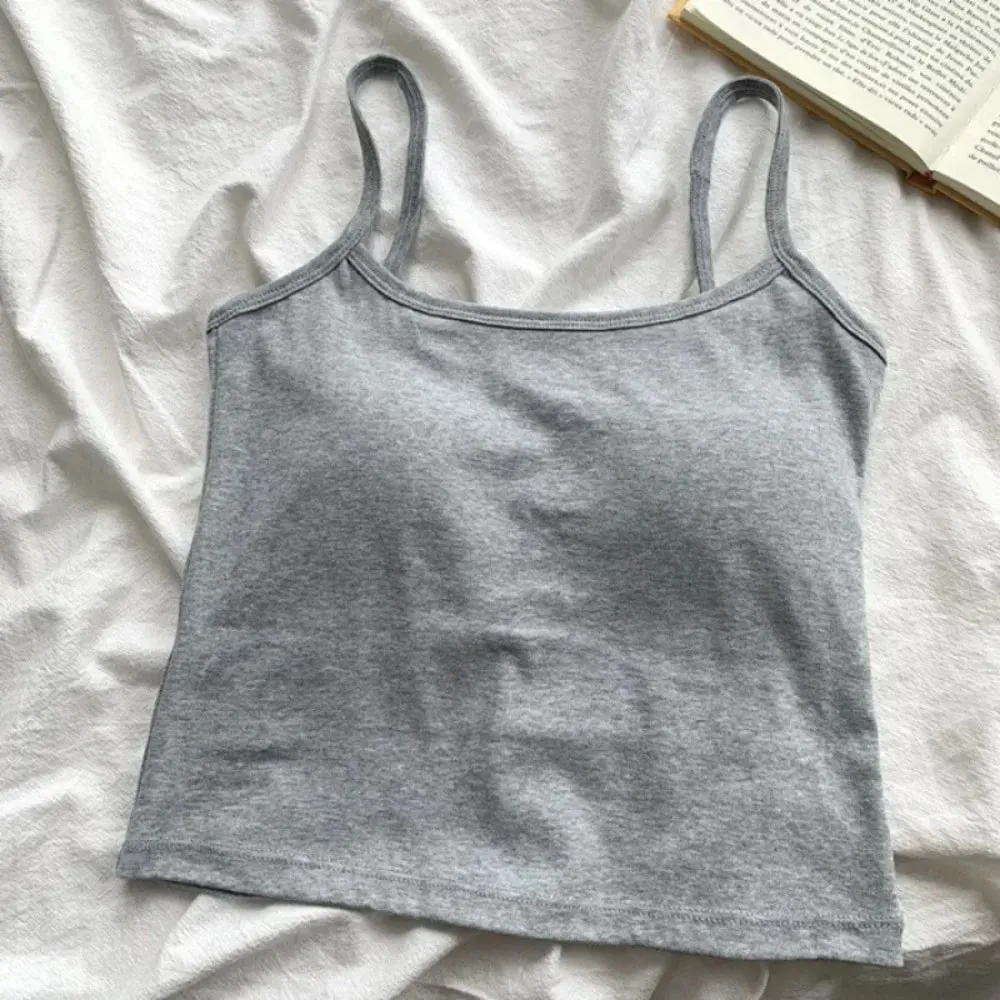 1 peça coreana feminina cor sólida alças finas sem mangas camisola fina com almofada no peito