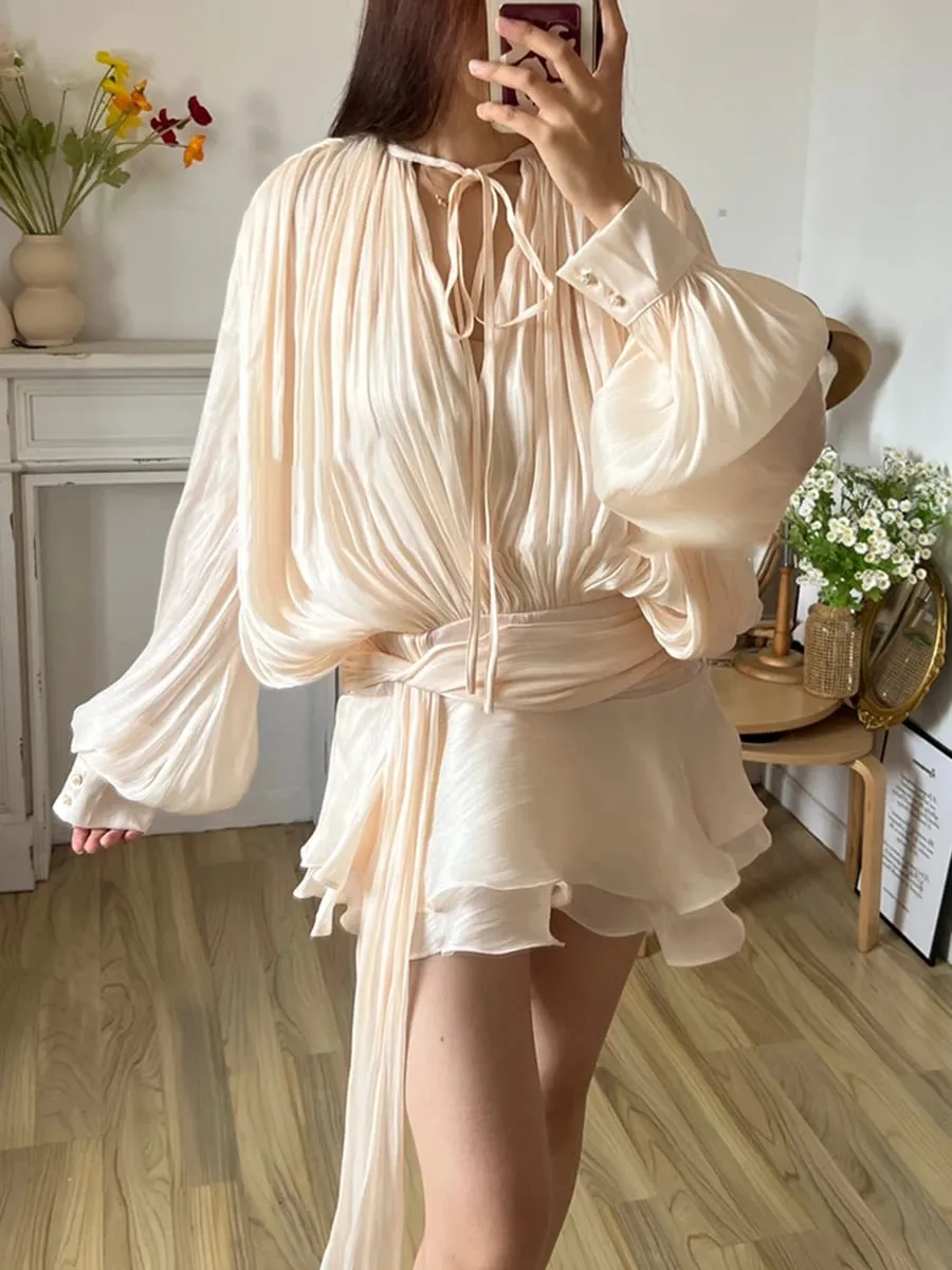 Blusa sólida mini vestidos para mulheres com decote em v manga longa emendado rendas até vestido estilo doce roupas femininas moda — image 3