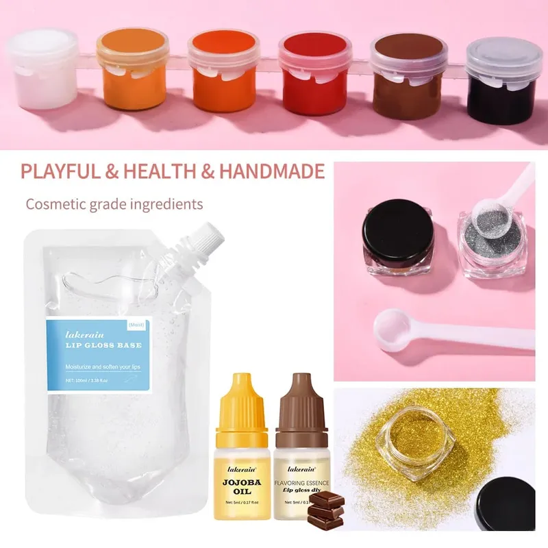 DIY Lip Gloss Kit 100ml Lip Gloss Base Powder Glitter Flavor Essence and Tube for Girl woman Gifts Lip Gloss Pack Set Cosmetics