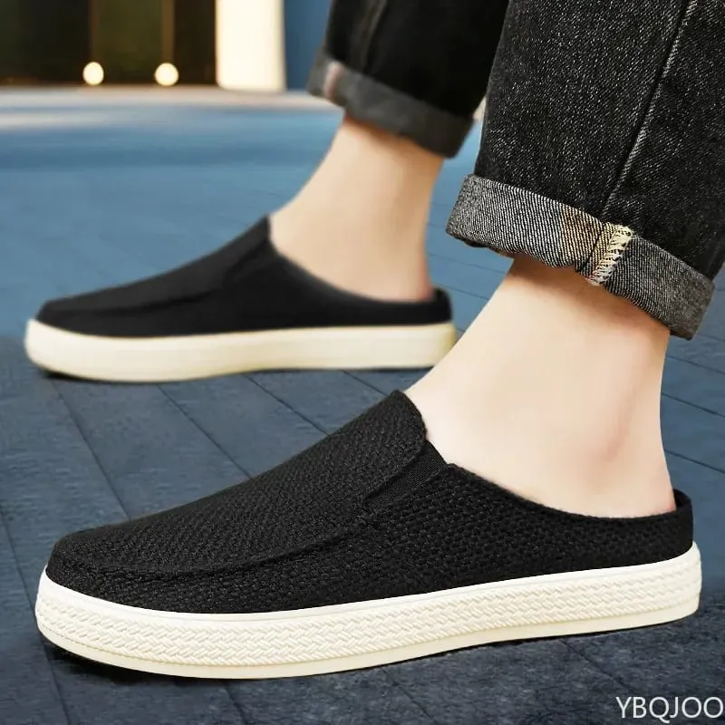 Verão respirável cor sólida versátil e confortável sapatos de pano masculinos de um pé casuais leves meio arrasto mocassins