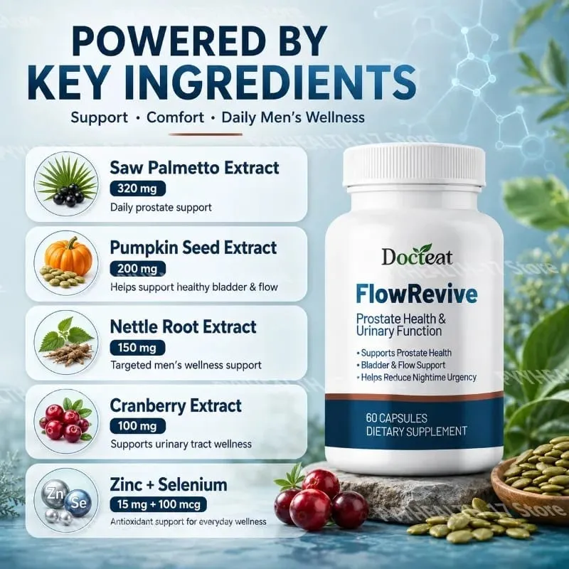 Docteat FlowRevive, Cápsulas de Suporte Urinário e de Próstata com Semente de Abóbora Saw Palmetto e Extrato de Casca de Pygeum - 60 Cápsulas