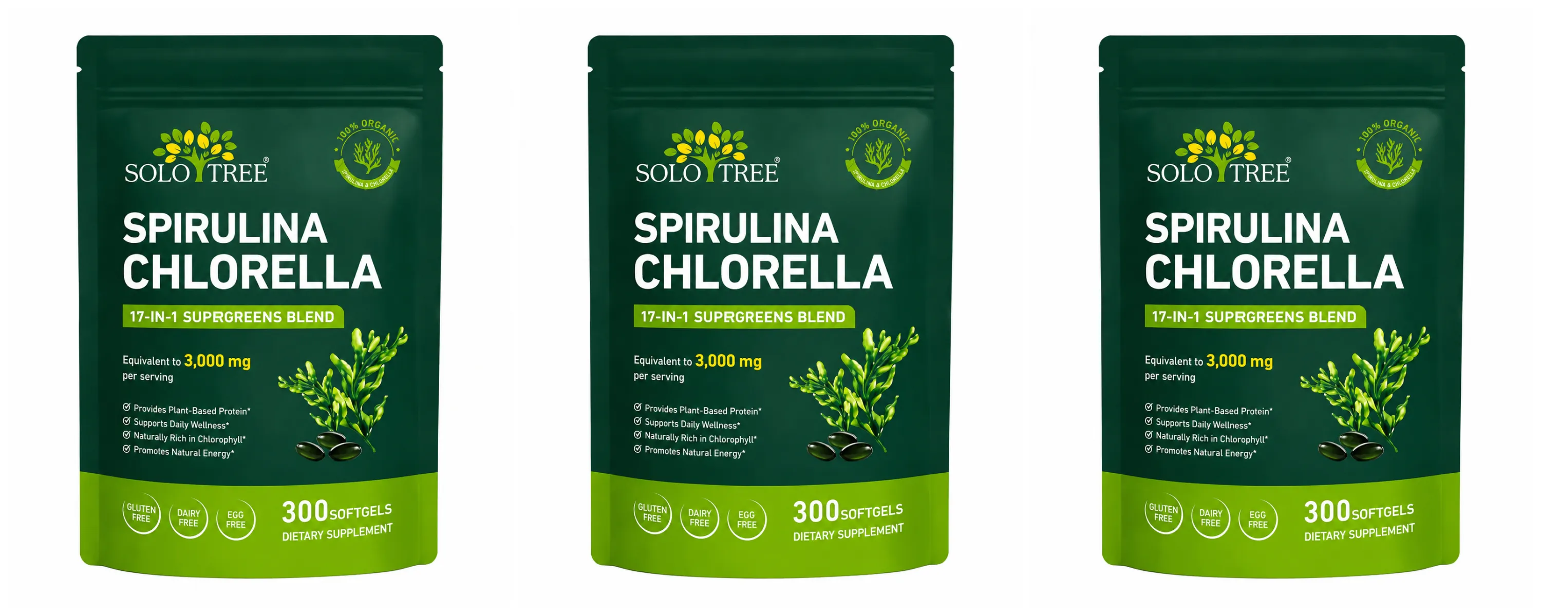 Solo Tree Spirulina Chlorella Softgels com Microalgas Orgânicas Vitamina B6 B12 Equilíbrio Digestivo e Suporte Imunológico 300 Softgels
