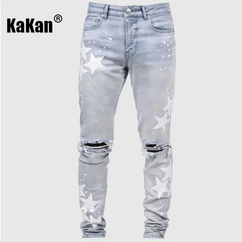 Kakan - Novo jeans masculino azul slim fit com remendo Y2k com design estampado jeans longo marca masculina — image 7