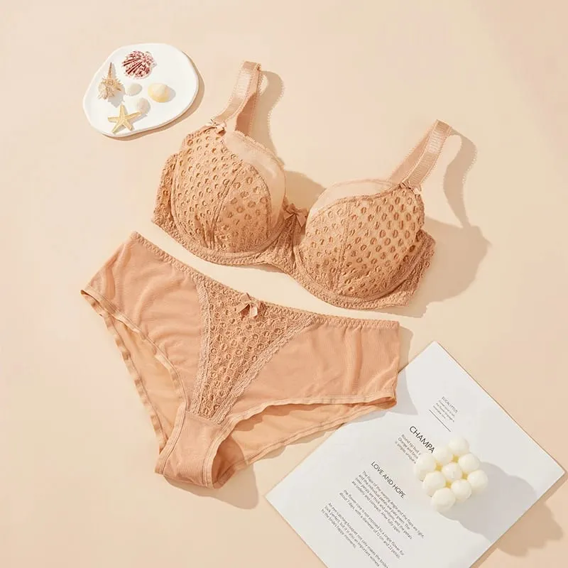 Mulheres curvilíneas plus size polka dot malha sutiã de renda conjunto calcinha underwire suporte figura completa copo grande e f g h i lingerie respirável 2 peças