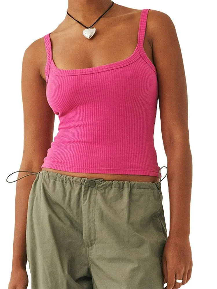 Women´s Solid Color Tank Tops Basic Vest Ribbed Sleeveless U Neck Slim Fit Cropped Tops — image 2