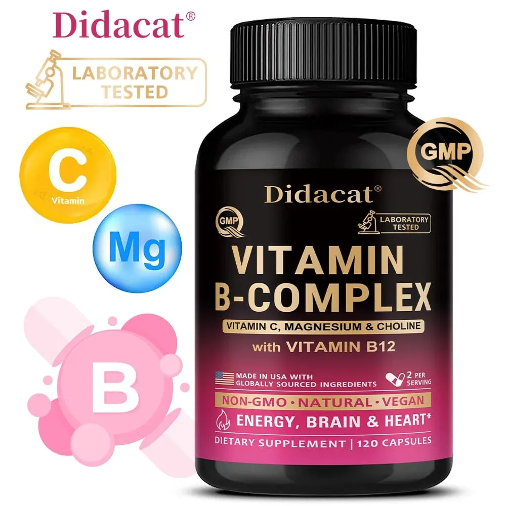 Complexo de Vitamina B com Vitamina C Colina e Inositol Suporta Metabolismo Energético Saúde Nervosa Cardio Bem-Estar e Defesa Imunológica