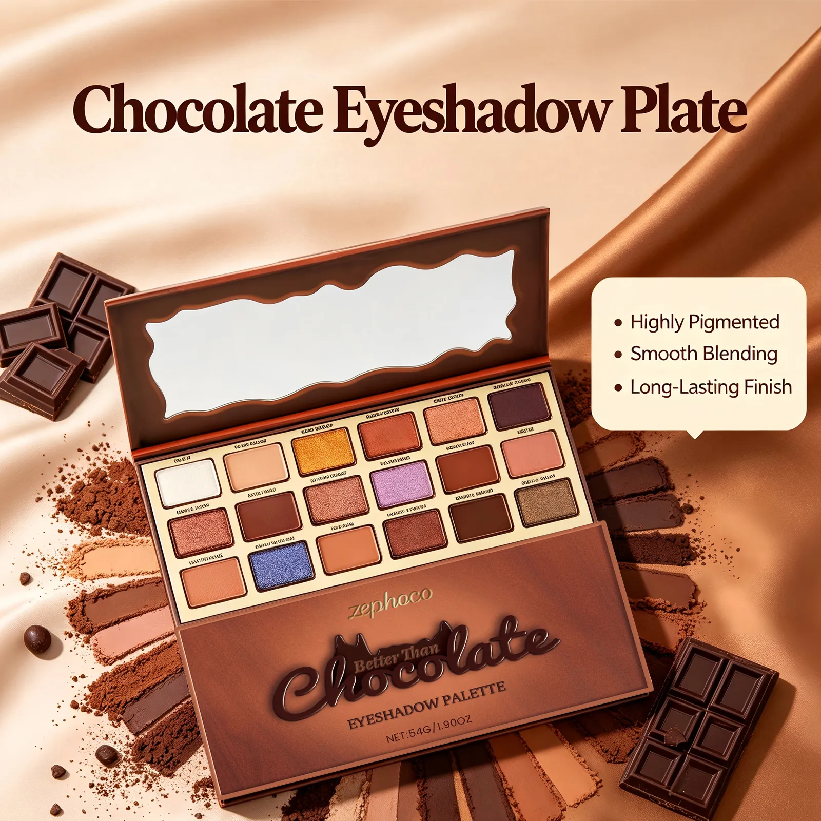 Paleta de sombras estilo chocolate, 18 cores, terra, destaque colorido, tom fresco, sombra pigmentada de longa duração, maquiagem para os olhos