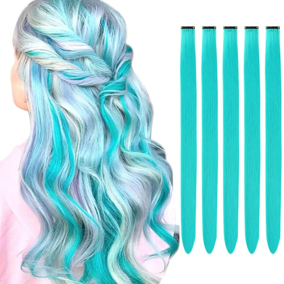 5 pçs clipe colorido em extensões de cabelo sintético destaques festa extensões de cabelo colorido arco-íris falso grampos de cabelo postiços — image 10