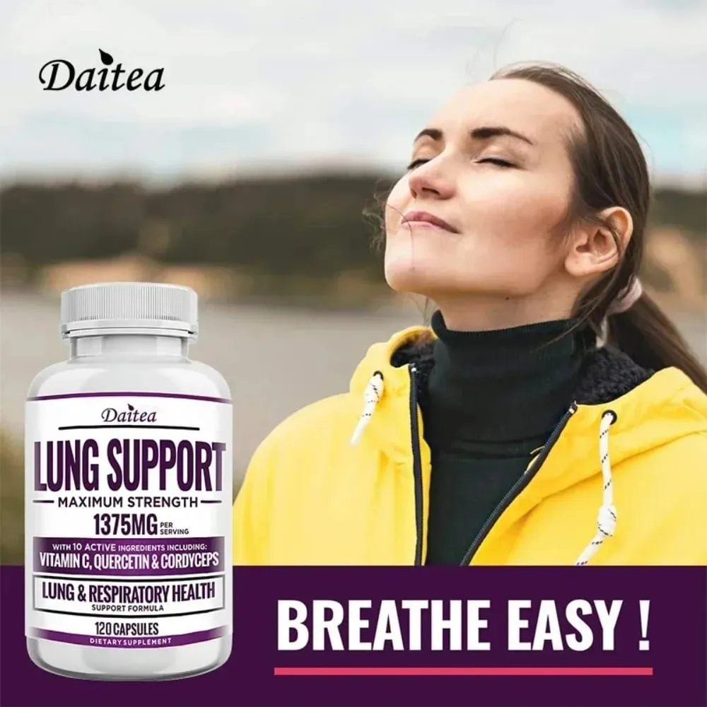 Suplemento de suporte pulmonar para limpeza e desintoxicação pulmonar com quercetina, bromelaína, vitamina C e cordyceps para suporte respiratório pulmonar
