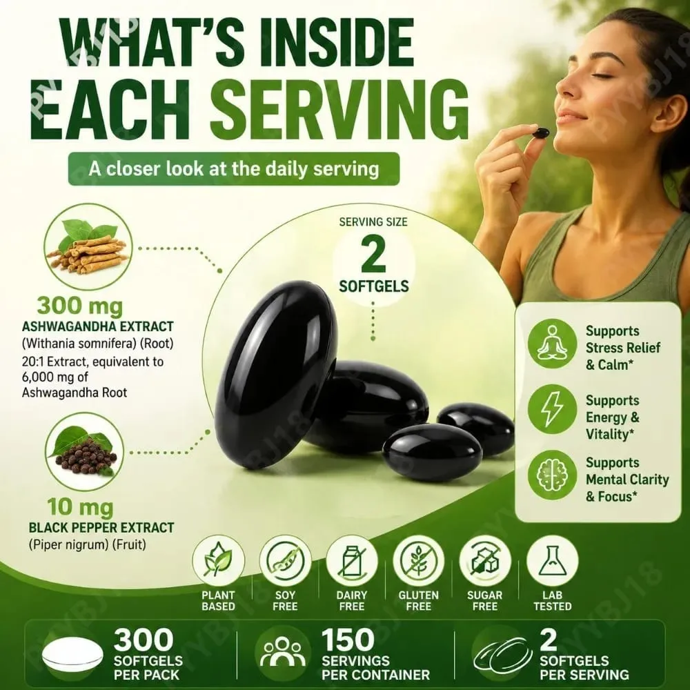 Solo Tree Ashwagandha Complex Softgels Suporta Alívio do Estresse Calma Clareza Mental Foco com Óleo MCT e Pimenta Preta 300 Softgels