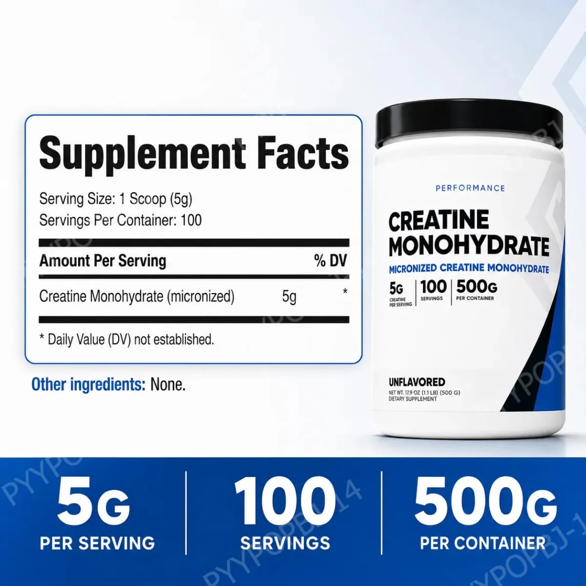 Pó micronizado de creatina monohidratada sem sabor 5g por porção 100 porções, força muscular, suporte de energia 500g