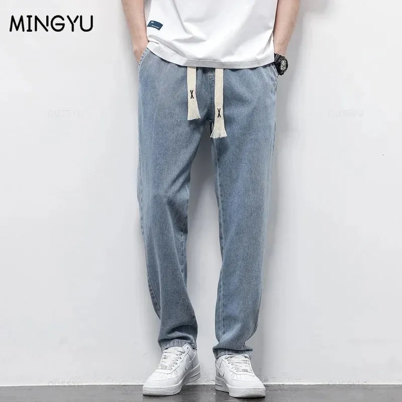 Alta qualidade totalmente elástico na cintura jeans masculino algodão macio cordão calças retas coreia calças casuais masculino plus size S-5XL — image 2