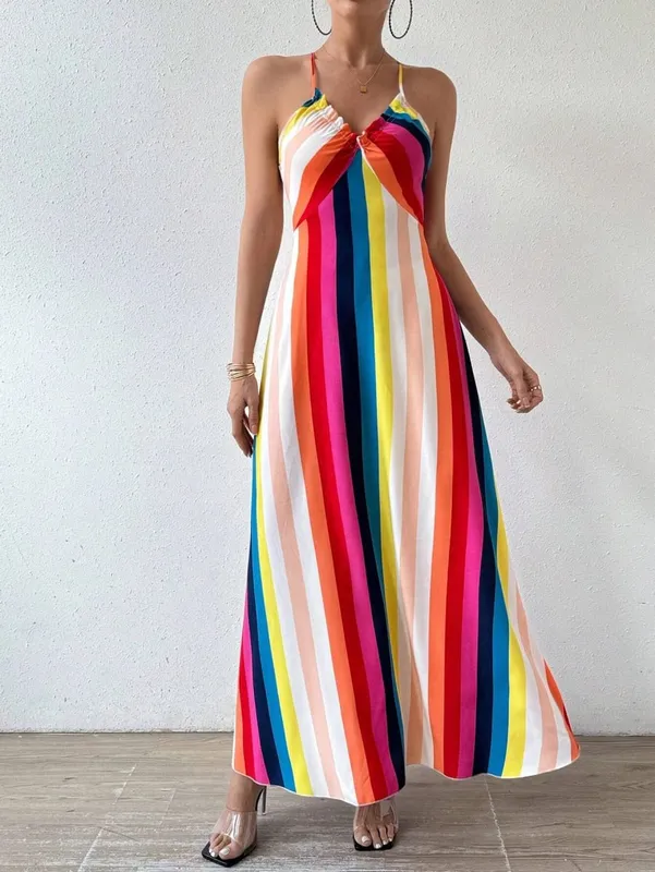 Women's Summer Ethnic Pattern Backless Split Thigh Dress Ladies Summer Clothes Boho Fashion Frill Trim Long Dress for Beach